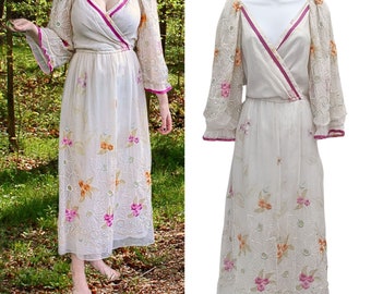 EXQUISITE Vtg 70er DIANE DICKINSON Gentilleese Ethereal Boho Fairy Hochzeitskleid Größe L