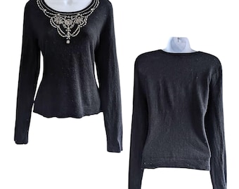 Vintage Y2K CASUAL CORNER Black & Silver McBling Silk Blend Embellished Sweater Size L