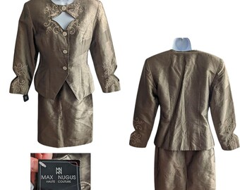 Rare NWT Vtg Y2K MAX NUGUS Haute Couture Bronze Art Deco Silk Skirt Suit Sz 8