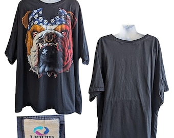 Vintage Y2K LIQUID BLUE Bulldog w/ Skull Bandana SS Tee Men's Size 8X