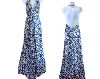 NWT Vtg Y2K BEBE Royal Blue & Silver Satin Rhinestone Halter Maxi Prom Gown Sz S