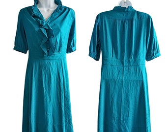 Vintage Y2K BANANA REPUBLIC Silk Teal Retro Victorian Ruffle Midi Dress Size 8