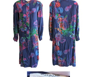 Vintage 70s RIZKALLAH for MALCOLM STARR Printed Day Dress Long Sleeve Maxi Shirtdress Size S