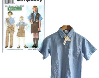 Vtg 90s/Y2K GIRL SCOUT Brownie Uniform Blue Shirt w/ Cream Snap Tie Girls Sz 12