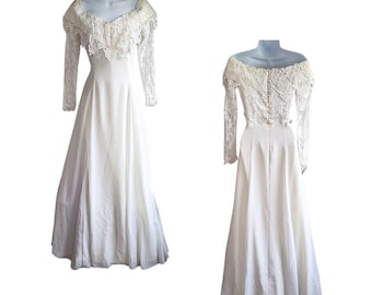 Vtg Early 90s JESSICA MCCLINTOCK Bridal Ivory Lace Off-Shoulder Pearl LS Gown 8