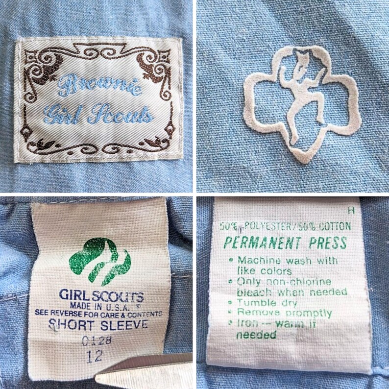 May include: Close-up of a light blue Girl Scout uniform shirt. The shirt features a Brownie Girl Scouts patch, a Girl Scout trefoil emblem, and a label indicating it's a short sleeve size 12, made in the U.S.A. The care instructions are also visible.