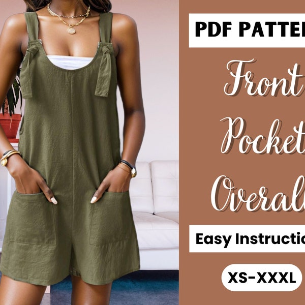 Women's Knot Front Pocket Overall Romper Sewing Pattern - XS-XXXL Sizes Included