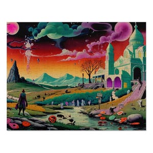 Può includere: Un dipinto di paesaggio surreale con un edificio bianco, un sentiero tortuoso e una figura con un cappello che cammina verso di esso. Il cielo è di un arancione e viola vibrante con nuvole soffici. Ci sono colline verdi e un fiume in primo piano.