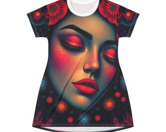 Boho Chic T-Shirt Kleid, künstlerische Mode Kleid, Sommer Freizeitkleidung, einzigartige Grafik Kleid, Festival bereit Outfit, Geschenk für Sie