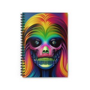 May include: A spiral-bound notebook with a striking, colourful skull illustration. The design uses a spectrum of hues, with pink, green, and blue accentuating the skull's features. The notebook has a glossy cover and a black spiral binding.
