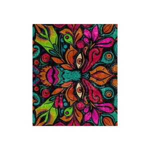 May include: A colourful, symmetrical design with a kaleidoscope of colours. The artwork features a central motif with stylised eyes, surrounded by intricate floral and leaf patterns in shades of green, orange, pink, and teal against a black background.