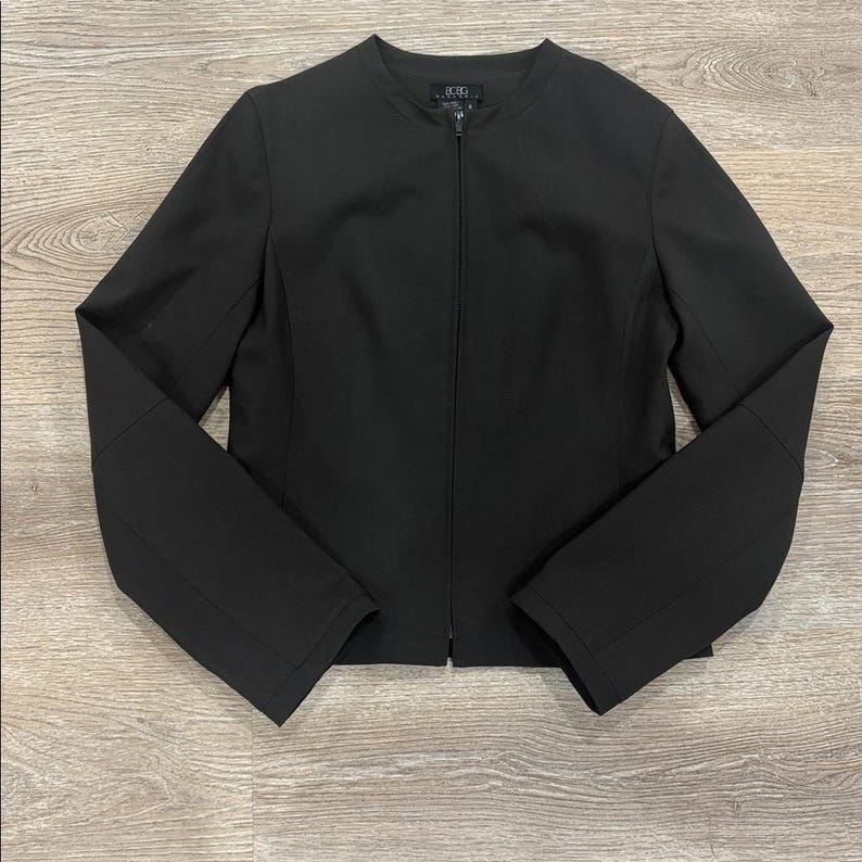 Veste blazer BCBG Max Azria en laine avec fermeture éclair sur le devant Noir Taille 6 Minimaliste structuré image 4