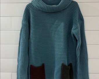 Margaret Winters Blue Knit Turtleneck Sweater Colorblock Pockets Women's medium