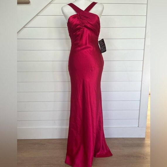 Blondie Nites Hot Pink Halter Prom Dress: Open Back Satin Maxi - Size 1