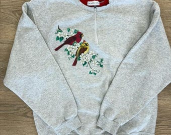 Moletom Vintage Morning Sun Cardinal Bird Feminino Tamanho G Cinza Vermelho Meio Zíper Floral