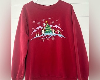 Blair Penguin Christmas Sweatshirt Red Holiday Graphic Pullover Womens