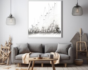 May include: A framed black and white line drawing of a city skyline featuring tall vertical bars and architectural sketches, displayed as wall art above a gray sofa with a wooden coffee table holding a small cup and a teapot in the foreground.