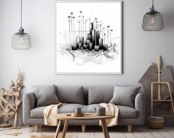 Pode incluir: Uma impressão gráfica em preto e branco de um gráfico de barras 3D com números nos eixos. O gráfico é colocado sobre um fundo de padrão de grade. A impressão é emoldurada e pendurada em uma parede branca acima de um sofá cinza.