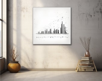 May include: A square wall art piece featuring a black and white data visualization print. The graphic displays a series of vertical bar charts and line graphs with scattered ink-like dots, all set against a clean white background within a thin frame.