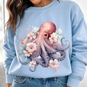 Octopus Sweatshirt, Unisex Adult Sweatshirt, Animal Print, Pullover Sweatshirt, Floral Octopus Shirt, Animal Lover Shirt, Sea Animals Shirt