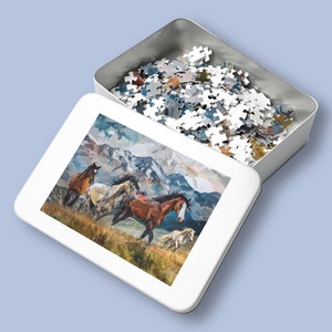 Horses Jigsaw Puzzle (30, 110, 252, 500,1000-Piece) Wild Horses Wild West Game Nights Fun Activity Ideas Gift for Kids Puzzle Mountainscape