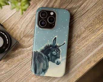May include: A blue and white phone case with a cartoon donkey with closed eyes on a snowy background.