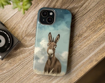 May include: A phone case with a brown donkey illustration against a blue sky with white clouds. The donkey is looking directly at the camera.