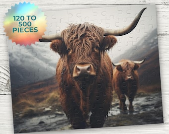 Highland Cow Puzzle (120, 252, 500-Piece) Scottish Highlander Cow Gift for Kids Family Night Present Game for Adults Homesteader Farmsteader