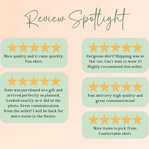 May include: An image with the text "Review Spotlight" in a cursive font. Below are five customer reviews with star ratings and comments like "Nice quality and it came quickly. Fun shirt."