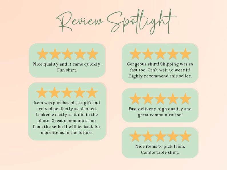 May include: An image with the text "Review Spotlight" in a cursive font. Below are five customer reviews with star ratings and comments like "Nice quality and it came quickly. Fun shirt."