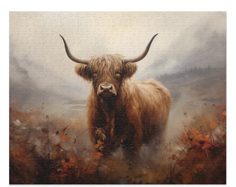 Cow Jigsaw Puzzle (120, 252, 500-Piece) Scottish Highlander Cow Wall Art Wall Decor Family Game Night Kids and Adult Gift Ideas
