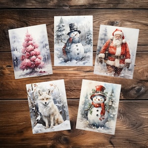 Cartões comemorativos com vários designs (pacote com 5) Boneco de neve, árvore de Natal, Papai Noel, raposa branca, bonecos de neve felizes, Natal, saudação de fim de ano, amigos e família