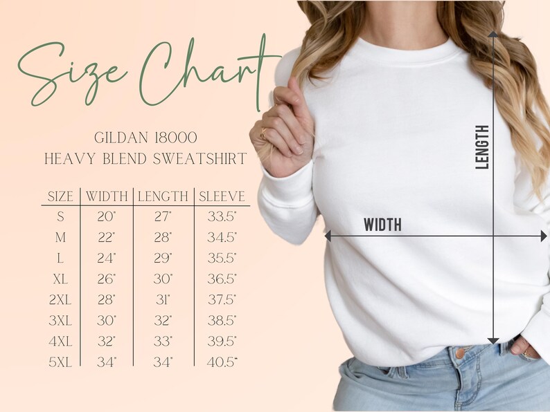 May include: White Gildan 18000 Heavy Blend sweatshirt size chart. The chart shows measurements for width, length, and sleeve length in inches for sizes S through 5XL. The model is wearing a white sweatshirt.