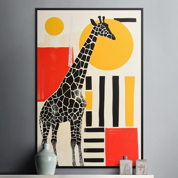 Abstracte giraffe kunstprint, geometrisch grafisch ontwerp digitale download, kleurrijke vormen, eenvoudige minimalistische kunst