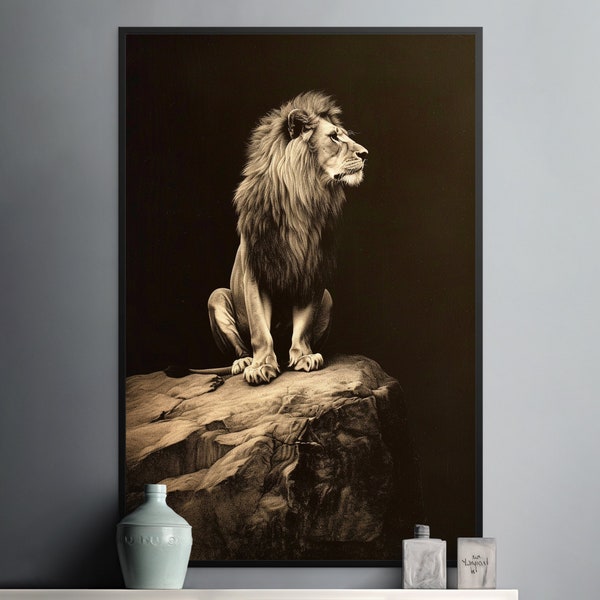 Lion on a rock art print, black and white sepia tones mezzotint digital download, big cat antique lithograph illustration artwork