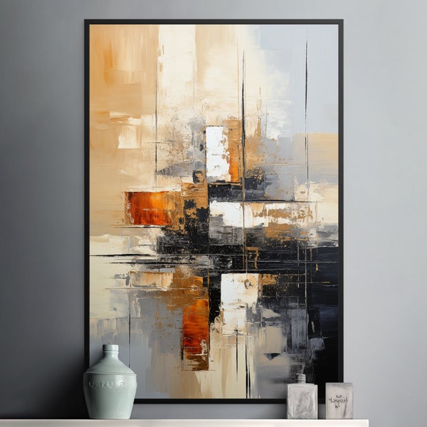 Abstract palette knife art print, textured natural painting digital download, black white gold tan grey, modern chik beautiful geometric art