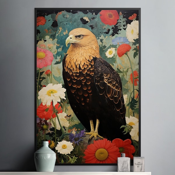 Golden eagle surrounded by colorful vibrant flowers print, vintage eagle perched on a branch portrait, digital download, painterly style