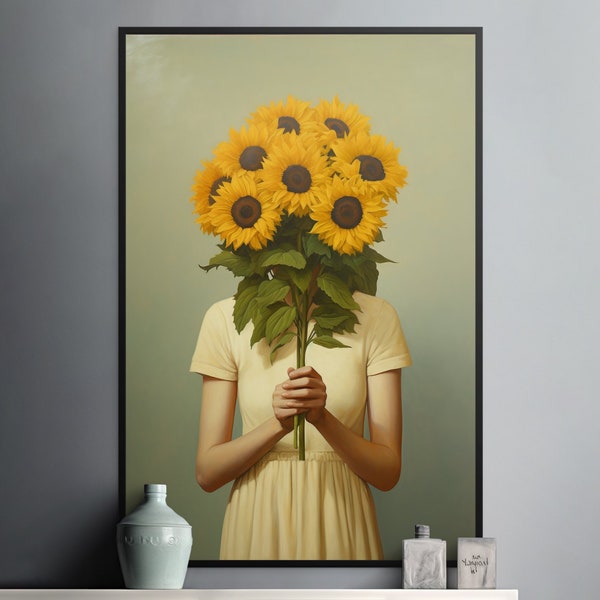 A girl holding sunflowers in front of her face print, surreal art digital download, vintage girl wearing a dress, modern retro fine art