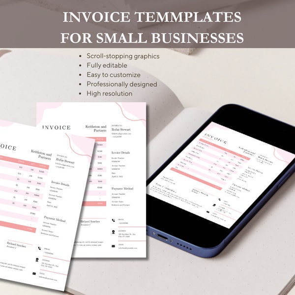 Pink Bold Modern Business Invoice Template || Invoice Template || Printable Invoice || Customizable template || Editable invoice