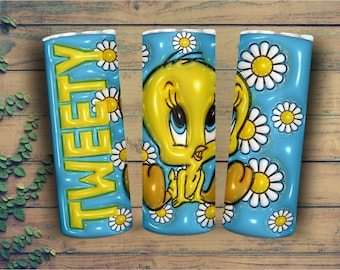 3D Inflatable Tweety Cartoon 20 oz Skinny Tumbler Sublimation, Coffee Cup Straight And Tapered Tumbler Wrap, Instant Digital Download PNG