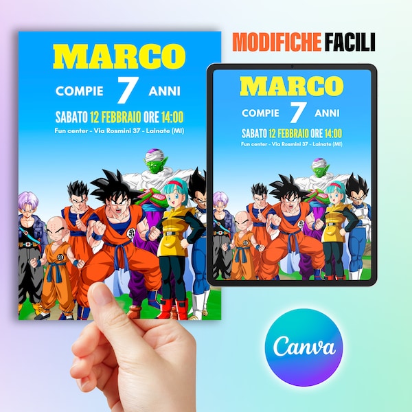 DRAGONBALL - Invitation numérique pour fête d'anniversaire à thème, invitation imprimable, WhatsApp, modèle canva modifiable, Goku, invitation Vegeta