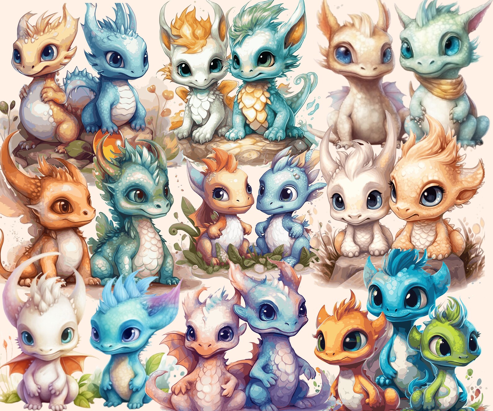 Baby Dragons Watercolor Clipart Bundle -67 PNG Dragon Images,cute ...