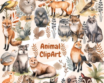 Woodland Animals Watercolor Clipart, forest animals clip art , nursery decor, bear , fox , owl , hedgehog, rabbit, dee.