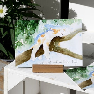 Postkarte Kunstkarte Baum Katze Schlafen Kinderbuch Bild Schreibmaschine Illustration Grafik Märchen Figur Geschichte Tiere Pause Natur