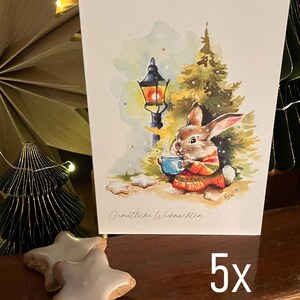 5x Weihnachtshase Weihnachtskarte Kunstkarte Klappkarte Winterkarte Gutschein Geschenkkarte