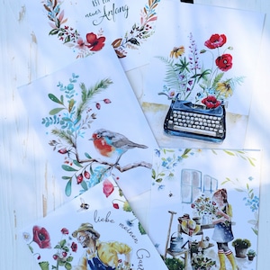 Postkartenset Kunstkarte Poesie Blumen Mohnblume Kunstdruck Schreibmaschine Illustration Grafik Aphorismen Fantasie Journalismus Literatur