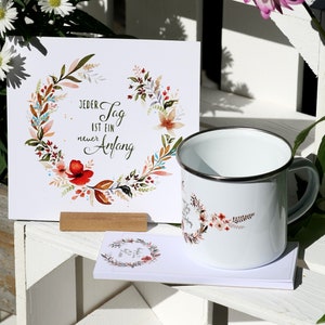 Geschenkset Emailletasse Schreibblock Postkarte Geburtstagsgeschenk Tasse Notizblock Postkarte Glückwunsch Geburtstag Freundschaft Kaffee