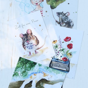 Postkartenset Kunstkarte Poesie Blumen Mohnblume Kunstdruck Schreibmaschine Illustration Grafik Aphorismen Fantasie Journalismus Literatur