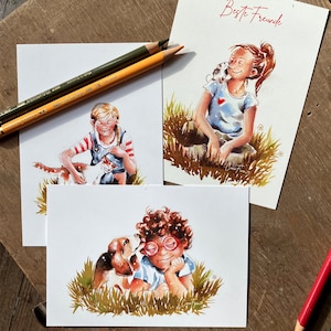 3x Postkarte Haustiere Katze Ratte Maus Hund Kunstdruck Illustration Einladung