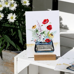Postkarte Kunstkarte Poesie Blumen Mohnblume Kunstdruck Schreibmaschine Illustration Grafik Bild Aphorismen Fantasie Journalismus Literatur